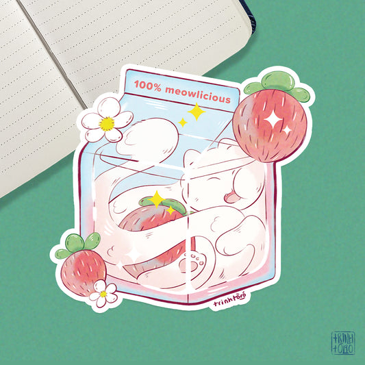 Cat in strawberry milk carton holographic sticker